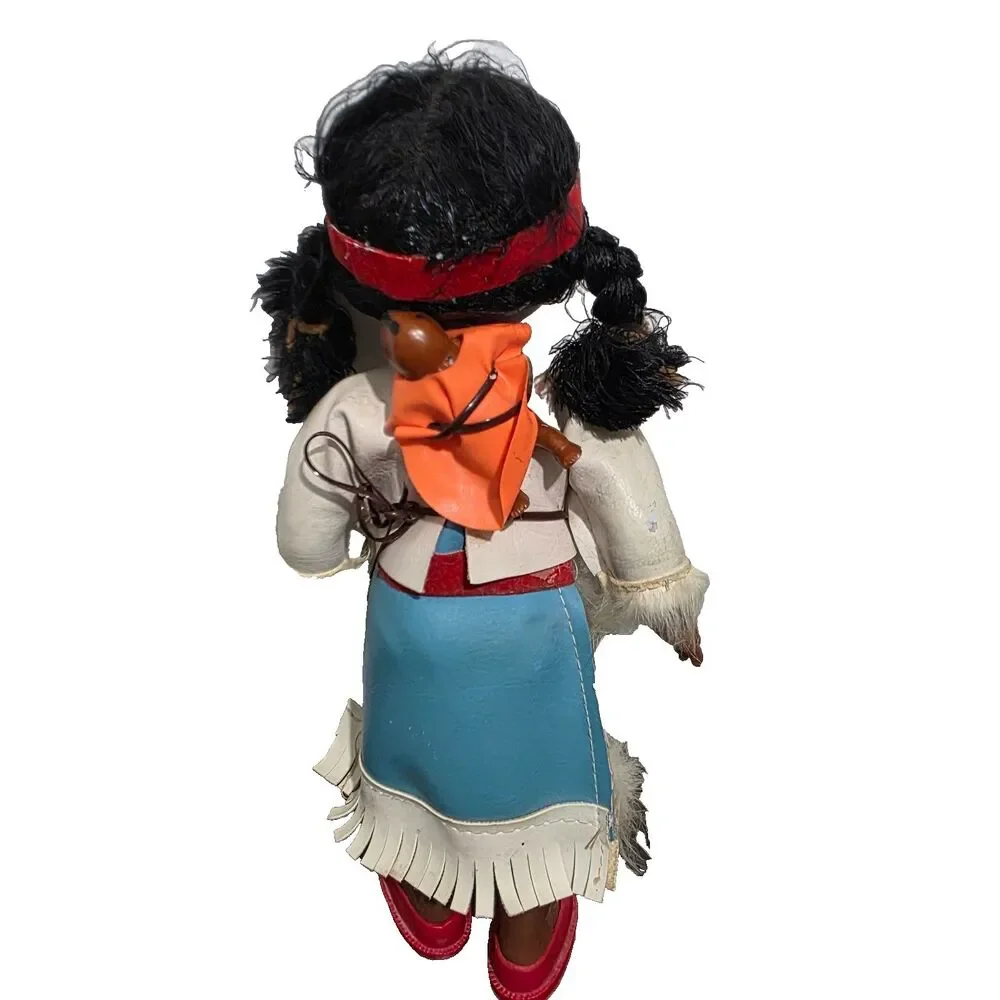 Vtg Native American Doll Holing Baby  Vynyl Hard Plastic Leather Fur Accent suit